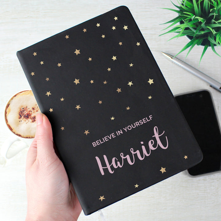 Personalised Starry Black Hardback Notebook in gift category Personalised Notebooks