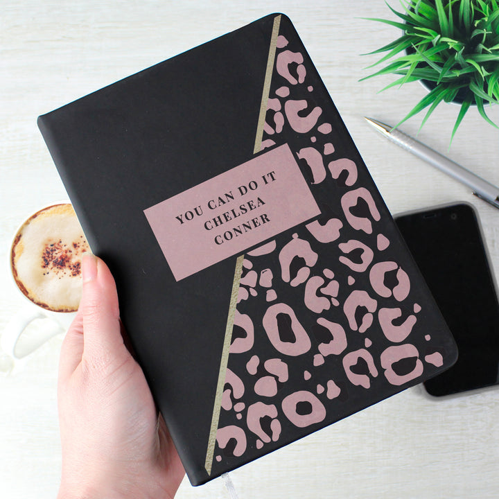 Buy Personalised Leopard Print Black Hardback Notebook available now at www.giftsfinder.co.uk