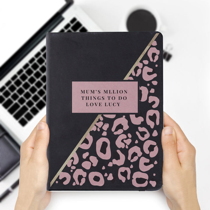 Buy Personalised Leopard Print Black Hardback Notebook available now at www.giftsfinder.co.uk