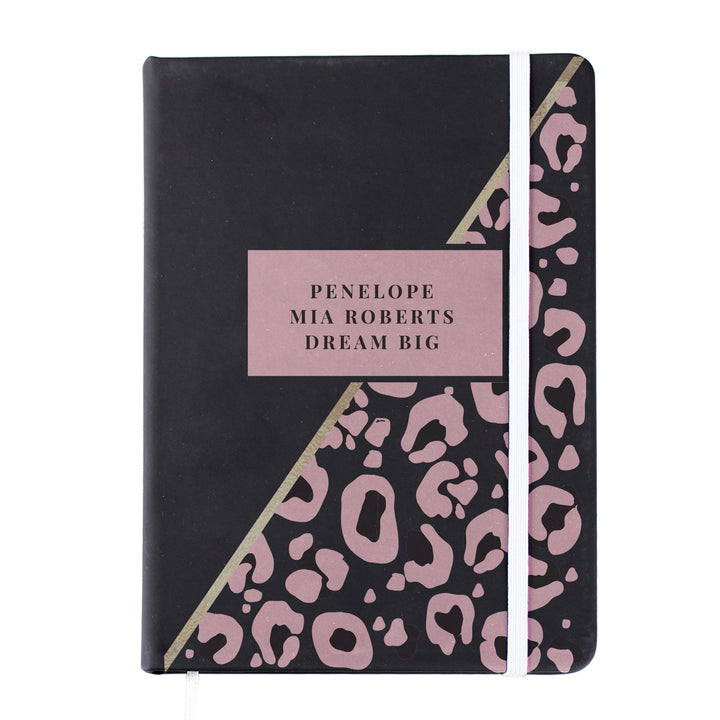 Buy Personalised Leopard Print Black Hardback Notebook available now at www.giftsfinder.co.uk