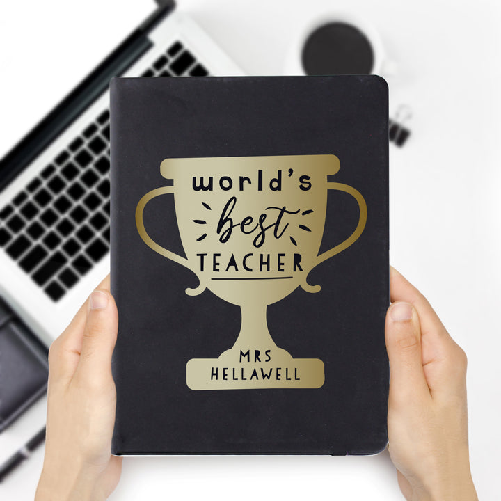 Personalised Worlds Best Teacher Trophy Black Hardback Notebook in gift category Personalised Teacher Gifts