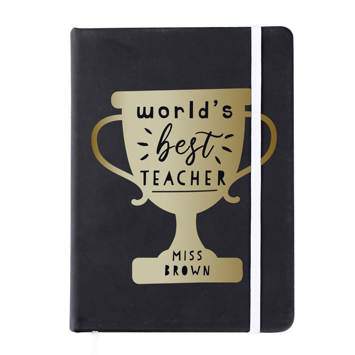 Personalised Worlds Best Teacher Trophy Black Hardback Notebook in gift category Personalised Teacher Gifts