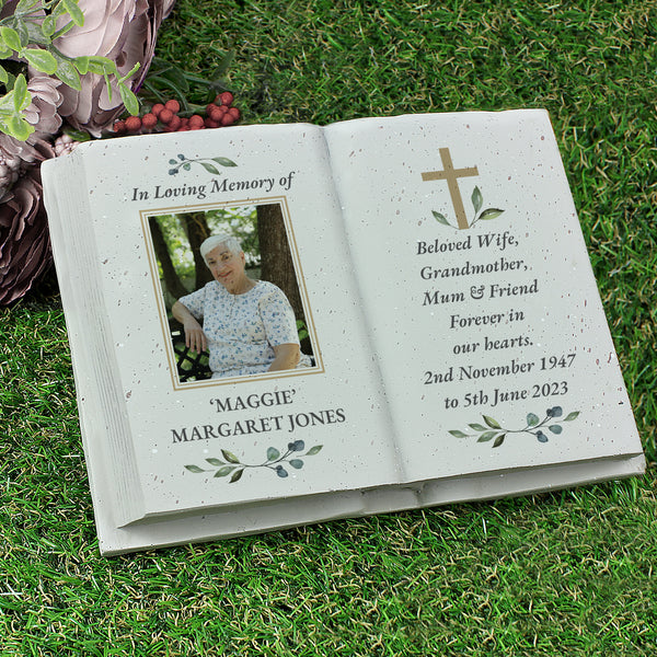 Buy Personalised Memorial Cross Photo Upload Resin Book available now at www.giftsfinder.co.uk