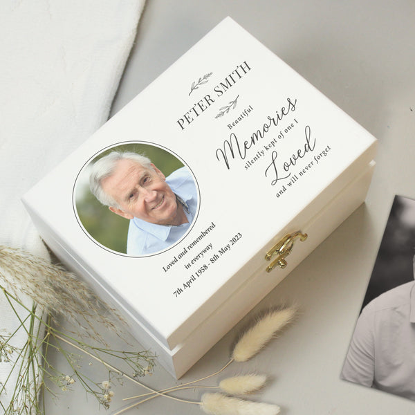 Buy Personalised Memorial Photo Upload White Wooden Box available now at www.giftsfinder.co.uk