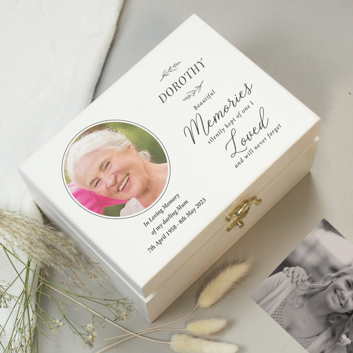 Buy Personalised Memorial Photo Upload White Wooden Box available now at www.giftsfinder.co.uk