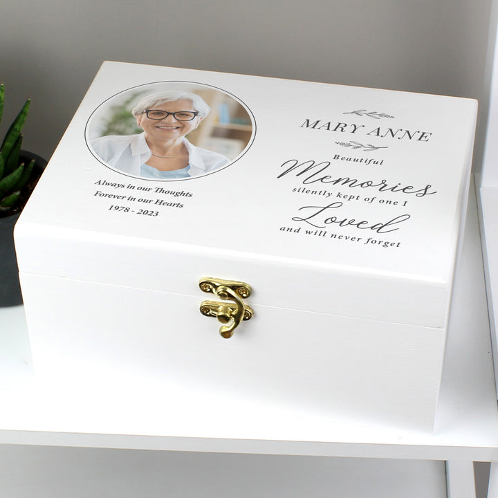 Buy Personalised Memorial Photo Upload White Wooden Box available now at www.giftsfinder.co.uk