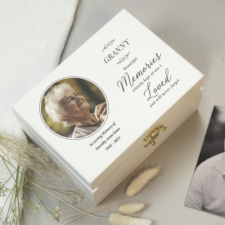 Buy Personalised Memorial Photo Upload White Wooden Box available now at www.giftsfinder.co.uk