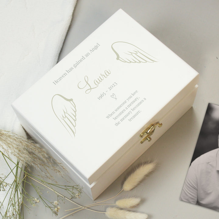 Buy Personalised Angel Wings Memorial White Wooden Box available now at www.giftsfinder.co.uk