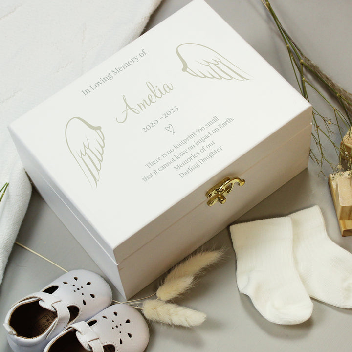 Buy Personalised Angel Wings Memorial White Wooden Box available now at www.giftsfinder.co.uk