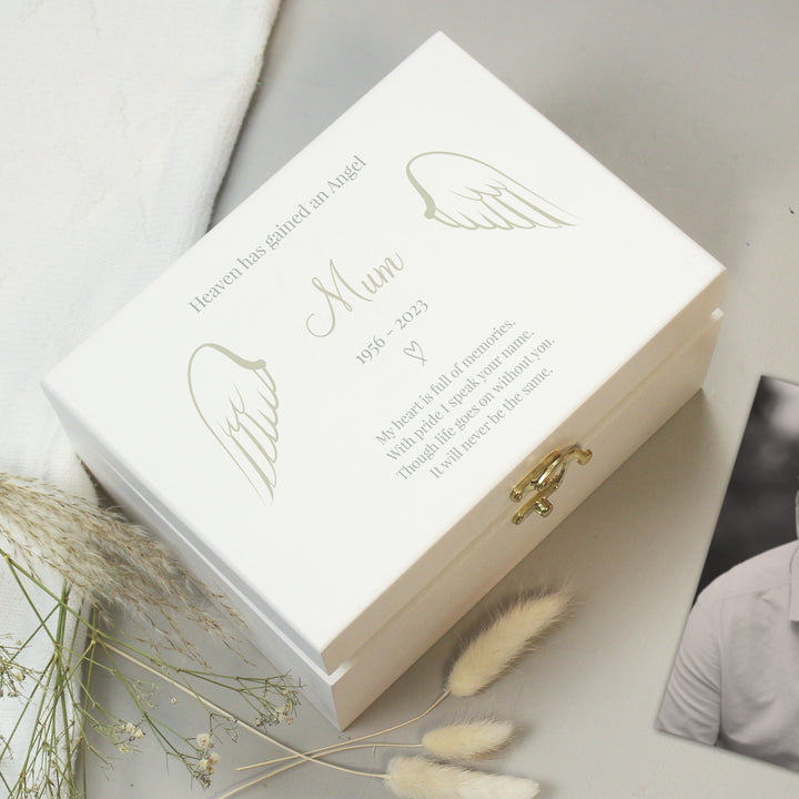 Buy Personalised Angel Wings Memorial White Wooden Box available now at www.giftsfinder.co.uk