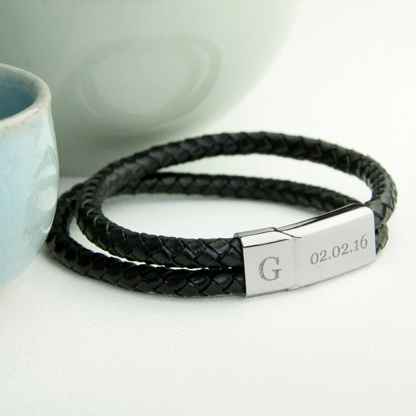 Buy Personalised Men's Dual Leather Woven Bracelet In Black available now at www.giftsfinder.co.uk