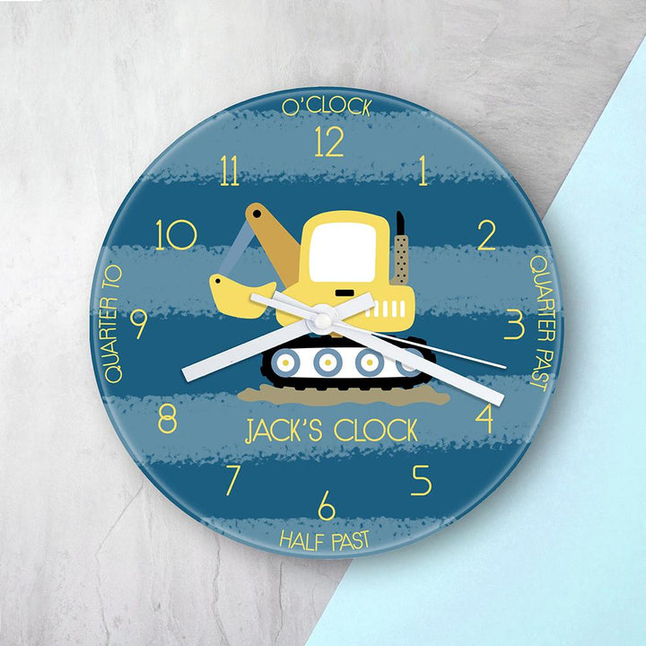 Buy Personalised Kids Digger Glass Clock - Large available now at www.giftsfinder.co.uk