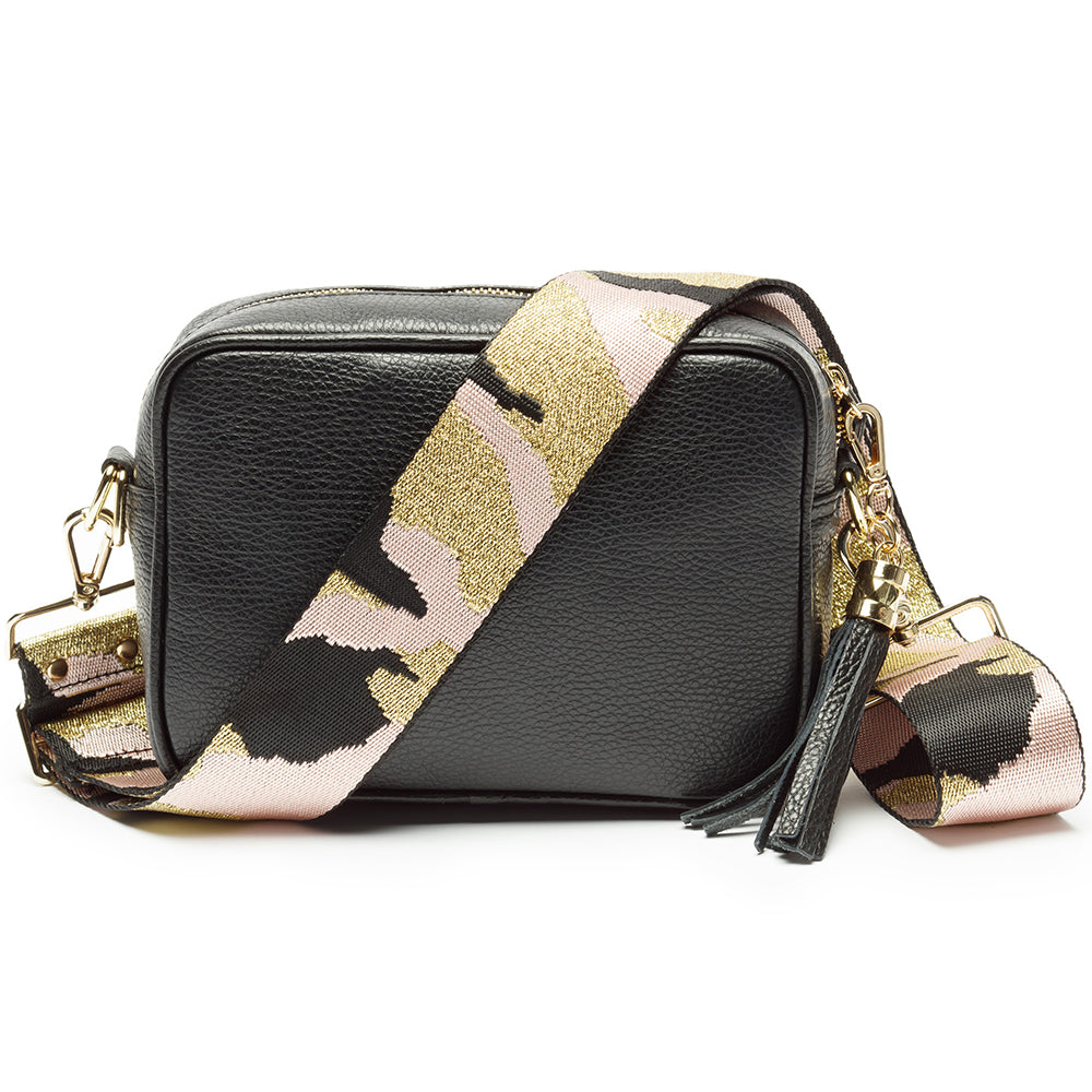 Personalised Elie Beaumont Black Bag with Pink Camouflage Strap in gift category Personalised Leather Bags