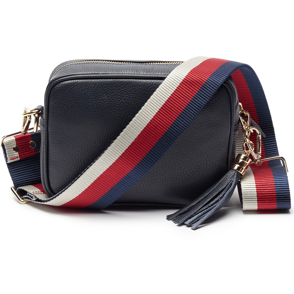 Personalised Elie Beaumont Navy Bag with Tricolour Strap in gift category Personalised Leather Bags