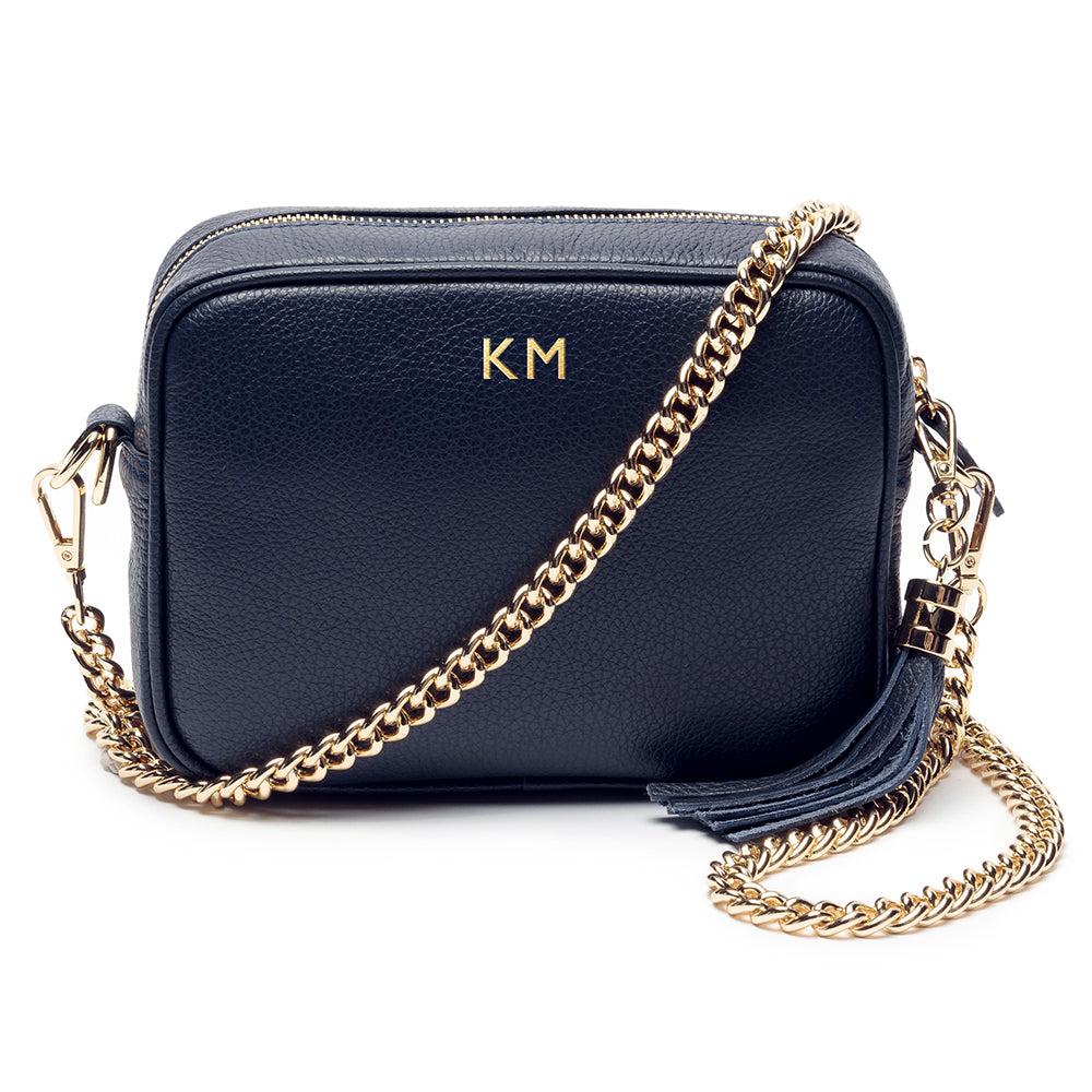 Personalised Elie Beaumont Navy Bag with Gold Chain Strap in gift category Personalised Leather Bags