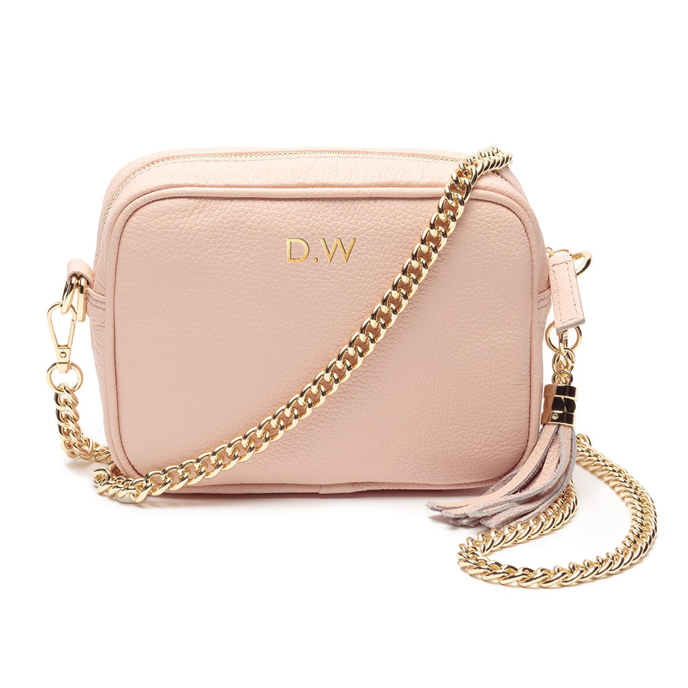 Personalised Elie Beaumont Pink Bag with Gold Chain Strap in gift category Personalised Leather Bags