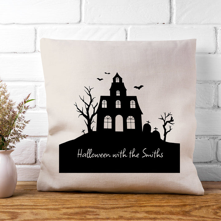 Buy Personalised Halloween Haunted House Cushion Cover available now at www.giftsfinder.co.uk