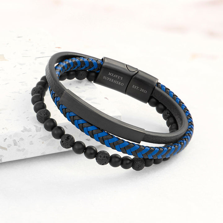 Buy Personalised Men's Black Stone and Blue Cord Bracelet available now at www.giftsfinder.co.uk