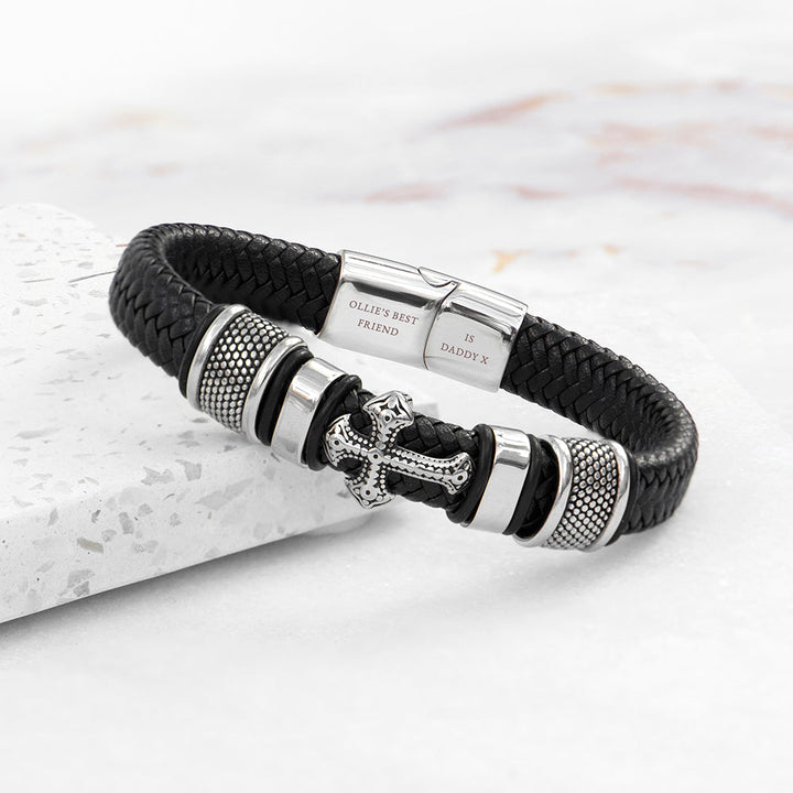 Buy Personalised Men's Gothic Cross Leather Bracelet available now at www.giftsfinder.co.uk