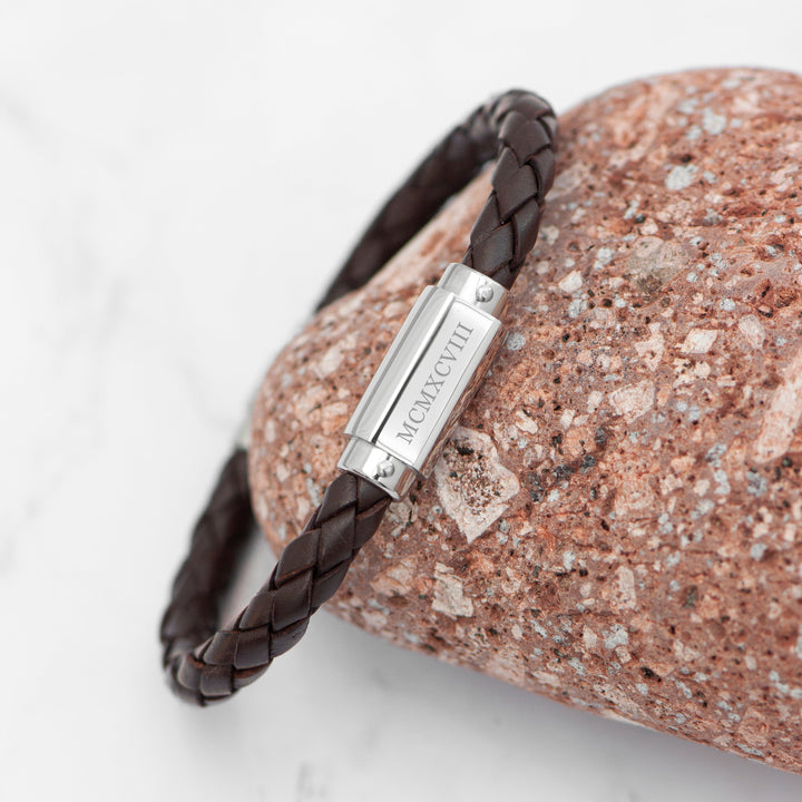 Buy Personalised Men's Roman Numerals Luxury Brown Leather Bracelet available now at www.giftsfinder.co.uk