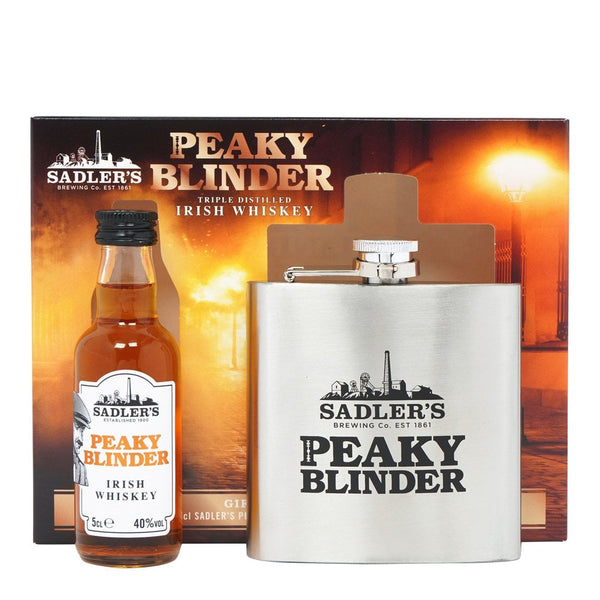 Peaky Blinder Irish Whiskey Hip Flask & Miniature Gift Pack available to buy at www.giftsfinder.co.uk