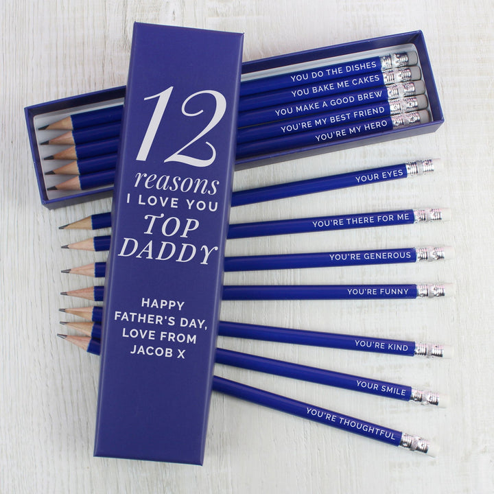 Buy Personalised 12 Reasons Box and 12 Blue HB Pencils available now at www.giftsfinder.co.uk