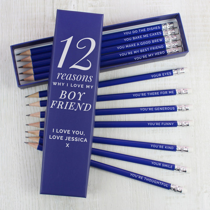 Buy Personalised 12 Reasons Box and 12 Blue HB Pencils available now at www.giftsfinder.co.uk