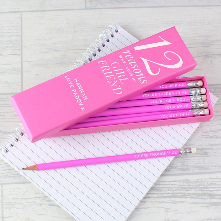 Buy Personalised 12 Reasons Box and 12 Pink HB Pencils available now at www.giftsfinder.co.uk