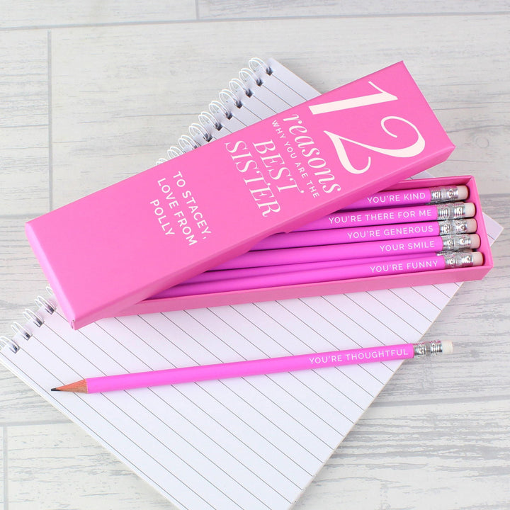 Buy Personalised 12 Reasons Box and 12 Pink HB Pencils available now at www.giftsfinder.co.uk