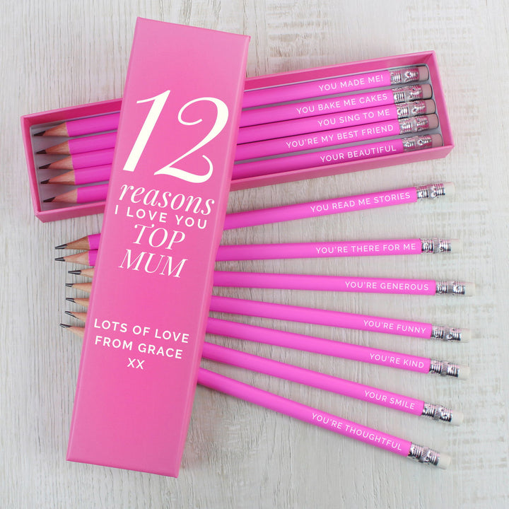 Buy Personalised 12 Reasons Box and 12 Pink HB Pencils available now at www.giftsfinder.co.uk