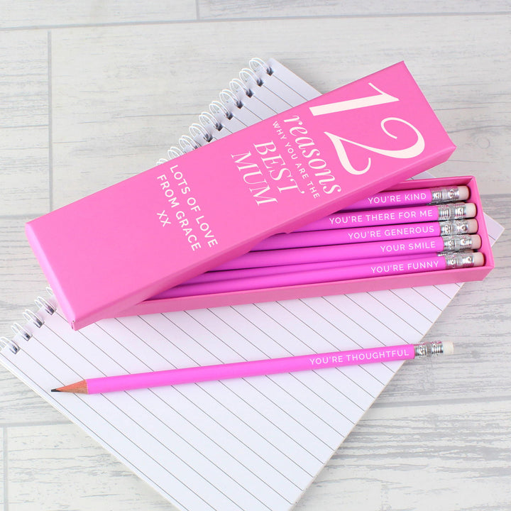 Buy Personalised 12 Reasons Box and 12 Pink HB Pencils available now at www.giftsfinder.co.uk