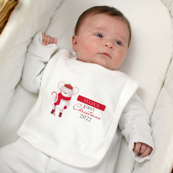 Personalised '1st Christmas' Mouse Bib available to buy at www.giftsfinder.co.uk