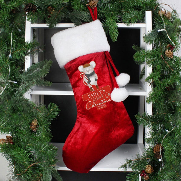 Buy Personalised '1st Christmas' Mouse Red Stocking available now at www.giftsfinder.co.uk