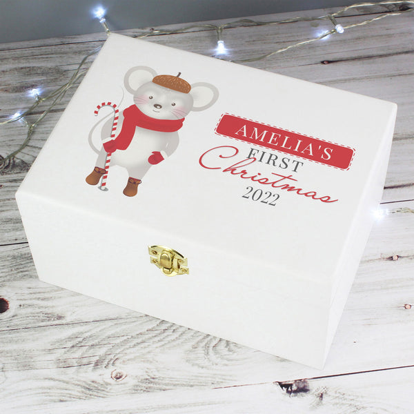 Personalised '1st Christmas' Mouse White Wooden Keepsake Box available to buy at www.giftsfinder.co.uk