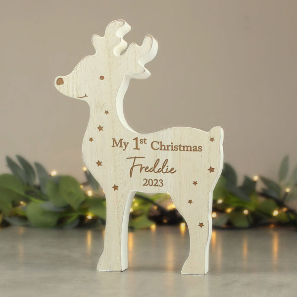 Personalised '1st Christmas' Rustic Wooden Reindeer Decoration available to buy at www.giftsfinder.co.uk