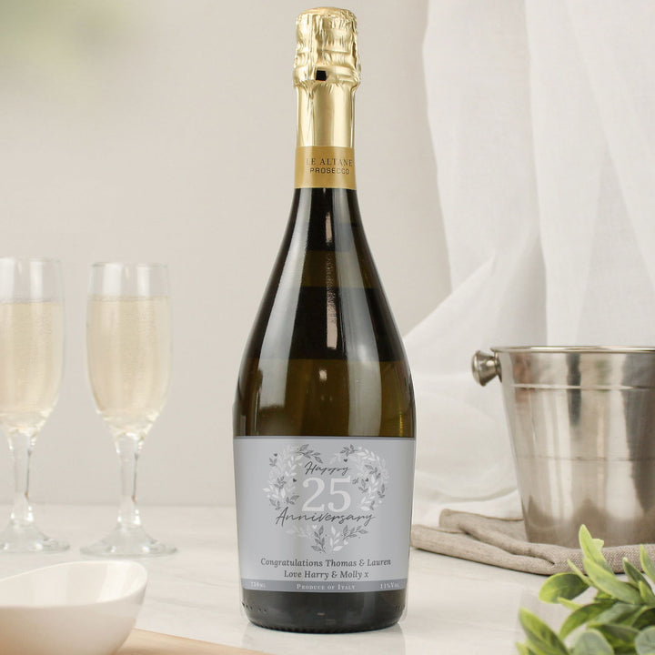 Personalised 25th Silver Wedding Anniversary Prosecco available to buy at www.giftsfinder.co.uk