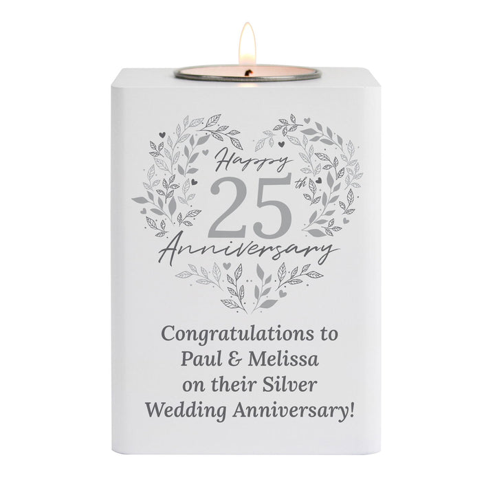 Personalised 25th Silver Wedding Anniversary Tea Light Holder available to buy at www.giftsfinder.co.uk