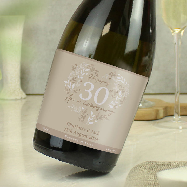 Personalised 30th Pearl Wedding Anniversary Prosecco available to buy at www.giftsfinder.co.uk