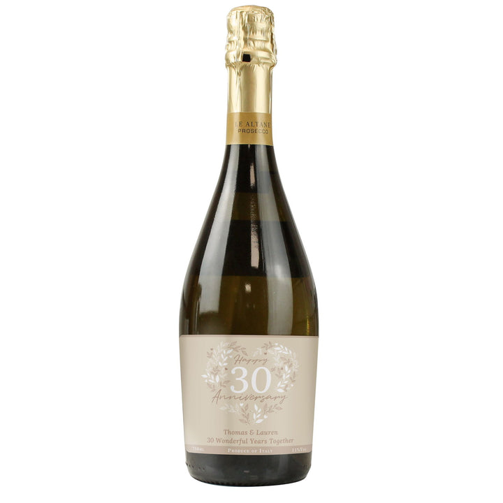 Personalised 30th Pearl Wedding Anniversary Prosecco available to buy at www.giftsfinder.co.uk