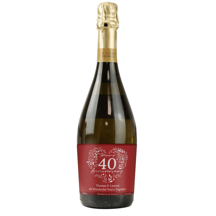 Personalised 40th Ruby Wedding Anniversary Prosecco available to buy at www.giftsfinder.co.uk