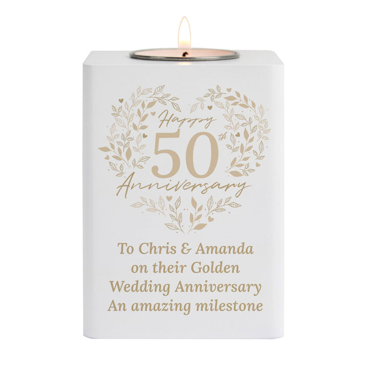 Personalised 50th Golden Wedding Anniversary Tea Light Holder available to buy at www.giftsfinder.co.uk