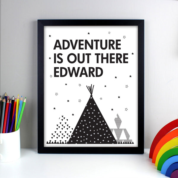 Buy Personalised Adventure Is Out There Black Framed Print available now at www.giftsfinder.co.uk