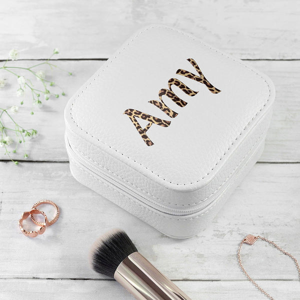 Buy Personalised Animal Print White Travel Jewellery Case available now at www.giftsfinder.co.uk