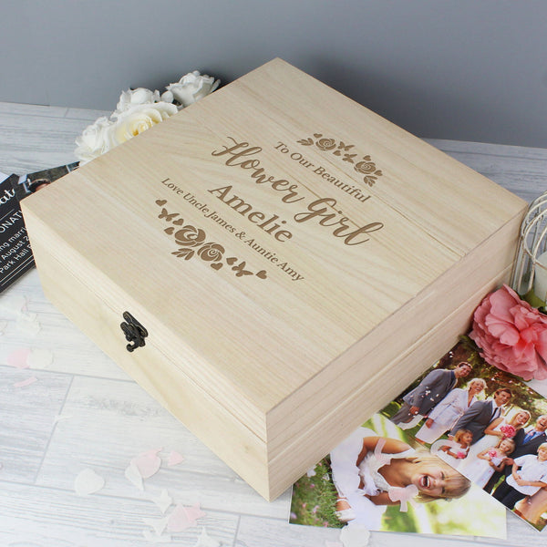 Personalised Any Role 'Floral Watercolour Wedding' Large Wooden Keepsake Box available to buy at www.giftsfinder.co.uk