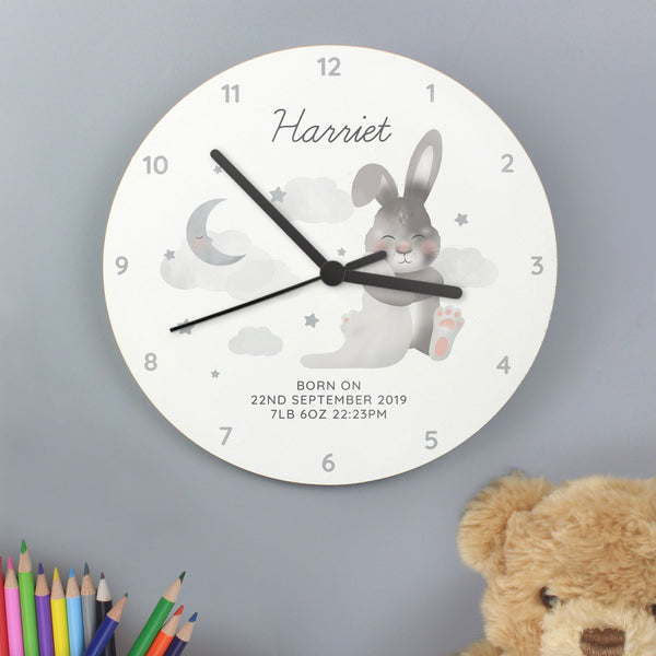 Personalised Baby Bunny White Wooden Clock available to buy at www.giftsfinder.co.uk