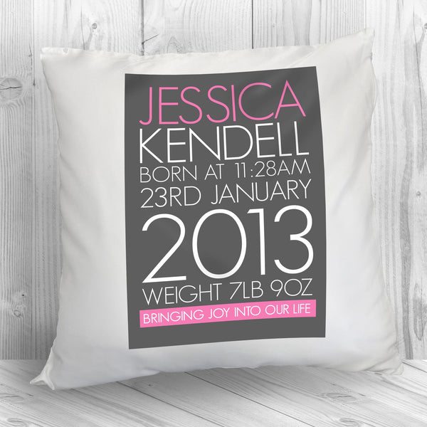 Buy Personalised Baby Cushion Cover in Pink available now at www.giftsfinder.co.uk