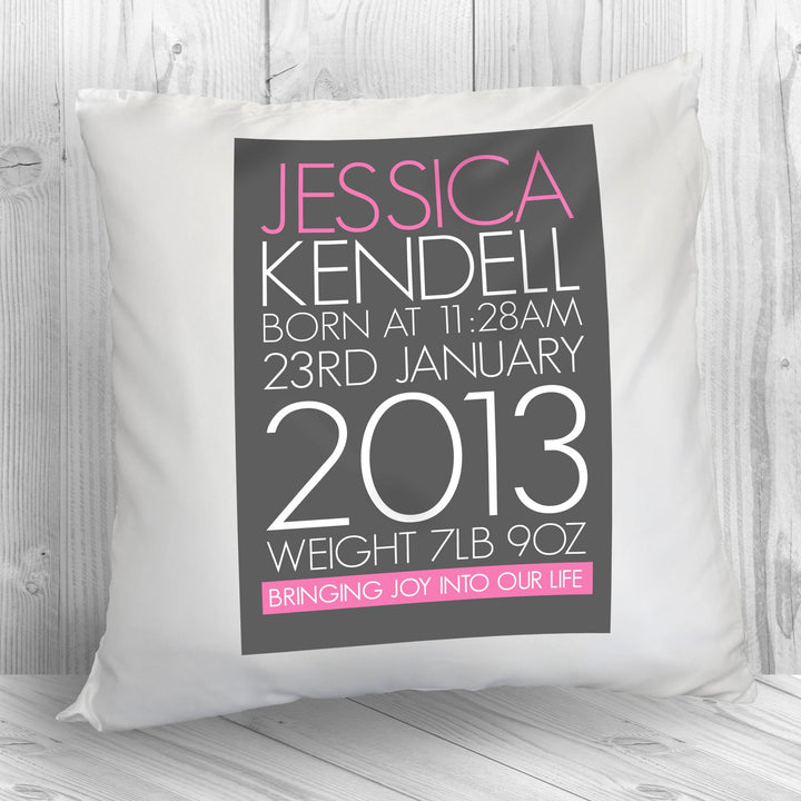 Buy Personalised Baby Cushion Cover in Pink available now at www.giftsfinder.co.uk