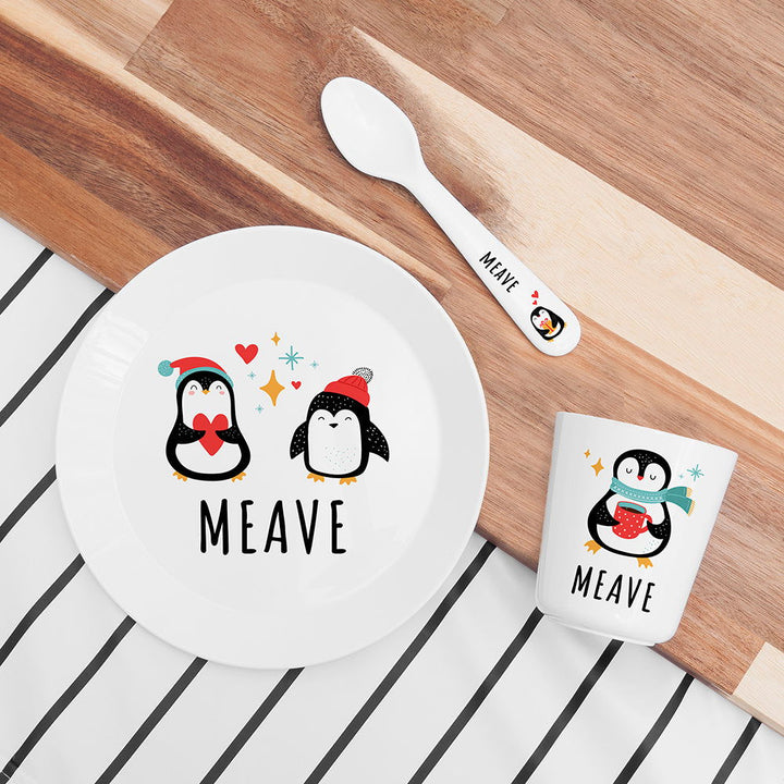 Buy Personalised Baby Dinner Set - Winter Penguin available now at www.giftsfinder.co.uk