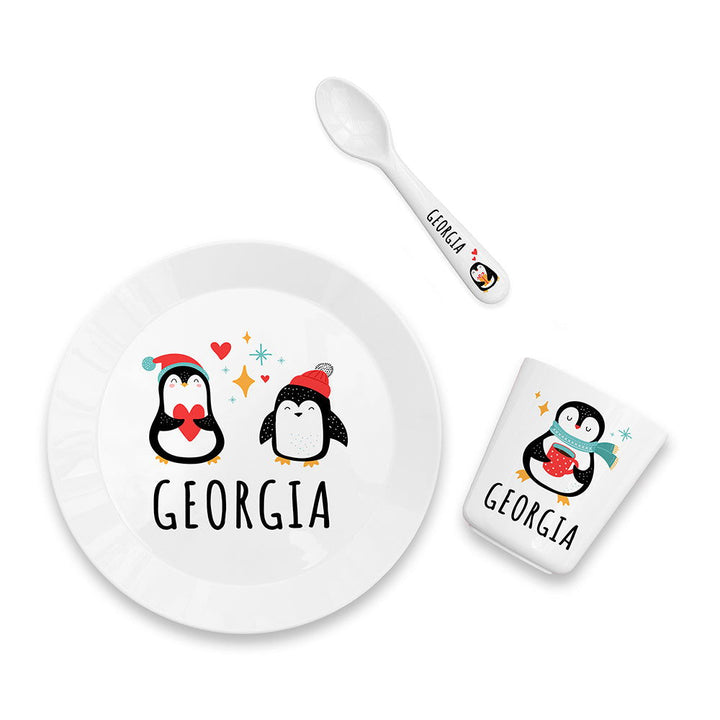 Buy Personalised Baby Dinner Set - Winter Penguin available now at www.giftsfinder.co.uk