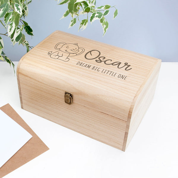 Buy Personalised Baby Elephant Keepsake Wooden Chest available now at www.giftsfinder.co.uk